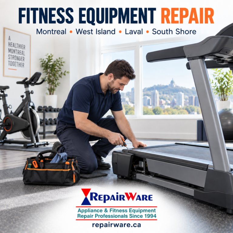 Technician repairing a treadmill in a home in Greater Montreal